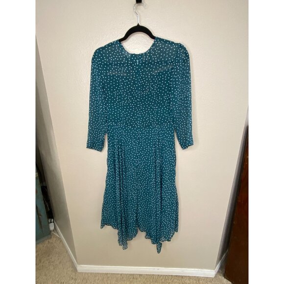 Eva Mendes New York & Company Teal Polka Dot Midi Dress Lace Accent Long Sleeves - Picture 3 of 8